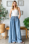 Washed Denim Pintuck Wide Leg Pants