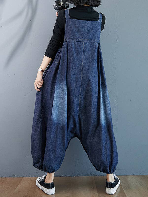 Denim Buttoned Overalls Dress Jumpsuit