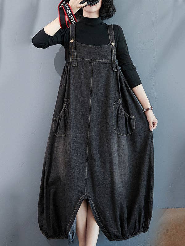 Denim Buttoned Overalls Dress Jumpsuit