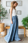 Washed Denim Pintuck Wide Leg Pants