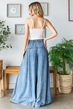 Washed Denim Pintuck Wide Leg Pants