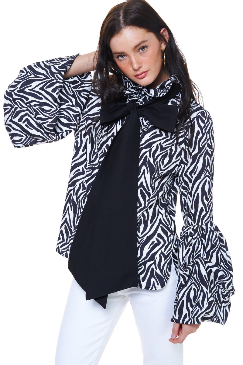 Wild Zebra Pattern Print Ribbon Blouse