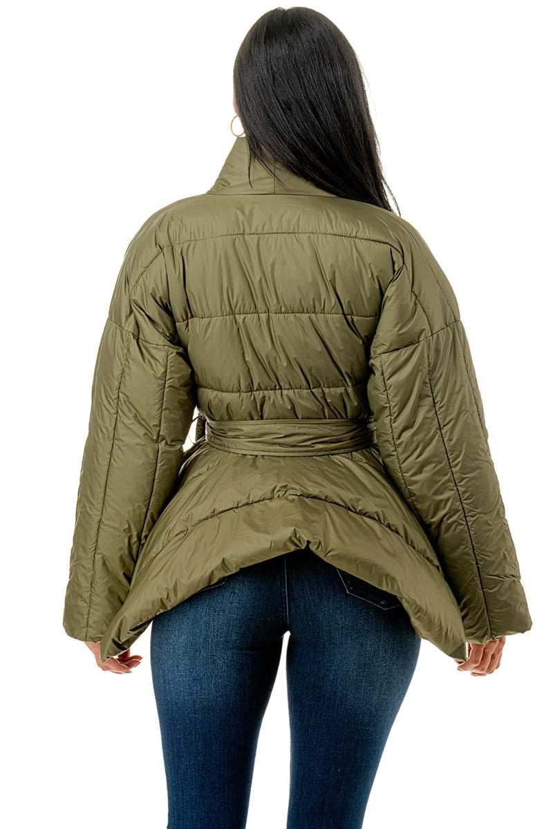 Olive Peplum Puffer Jacket