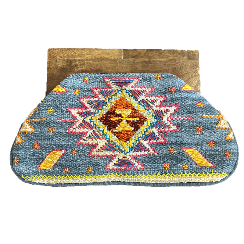 Embroidered Tapestry Clutch with Wooden Handle