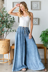 Washed Denim Pintuck Wide Leg Pants